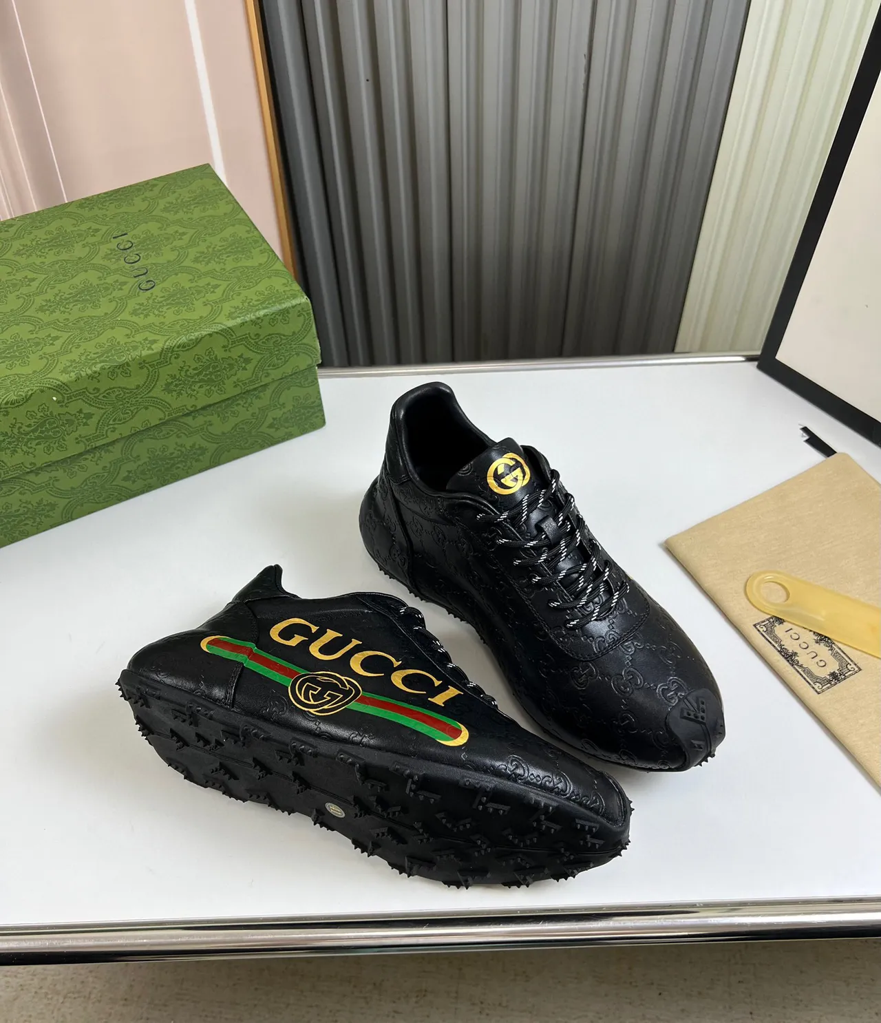 Gucci Screener-Style Black Gold Green Red Web Lifestyle Sneakers 5
