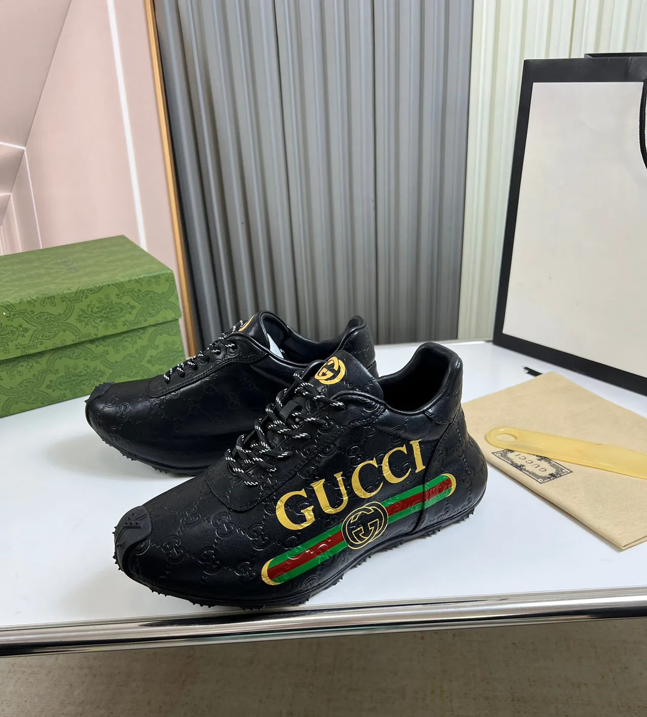 Gucci Screener-Style Black Gold Green Red Web Lifestyle Sneakers 6