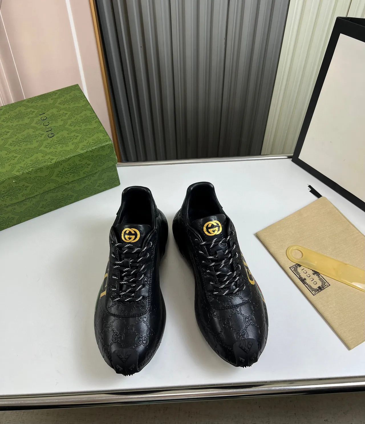 Gucci Screener-Style Black Gold Green Red Web Lifestyle Sneakers 8