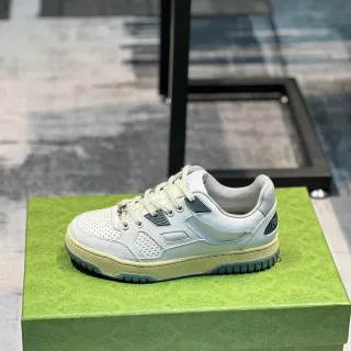 Gucci Screener White Green Perforated Leather Upper Geometric Overlay Panels Lifestyle Sneakers