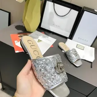 Gucci Sequined Silver Interlocking GG Mule Slippers