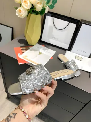 Gucci Sequined Silver Interlocking GG Mule Slippers 2