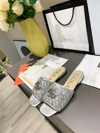 Gucci Sequined Silver Interlocking GG Mule Slippers 3