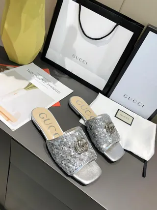 Gucci Sequined Silver Interlocking GG Mule Slippers 4