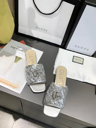 Gucci Sequined Silver Interlocking GG Mule Slippers 5