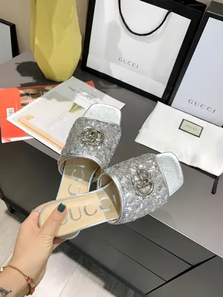 Gucci Sequined Silver Interlocking GG Mule Slippers 7