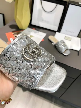 Gucci Sequined Silver Interlocking GG Mule Slippers 9