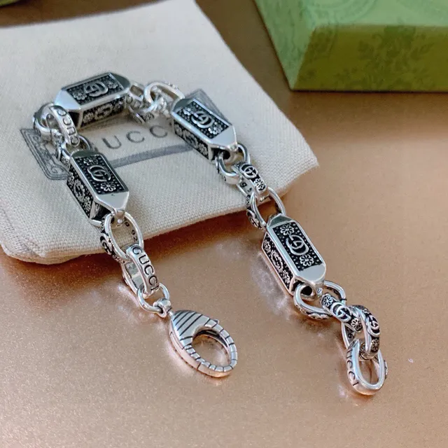 Gucci Silver Black Chain Rectangular Enamel Links Bracelet 2