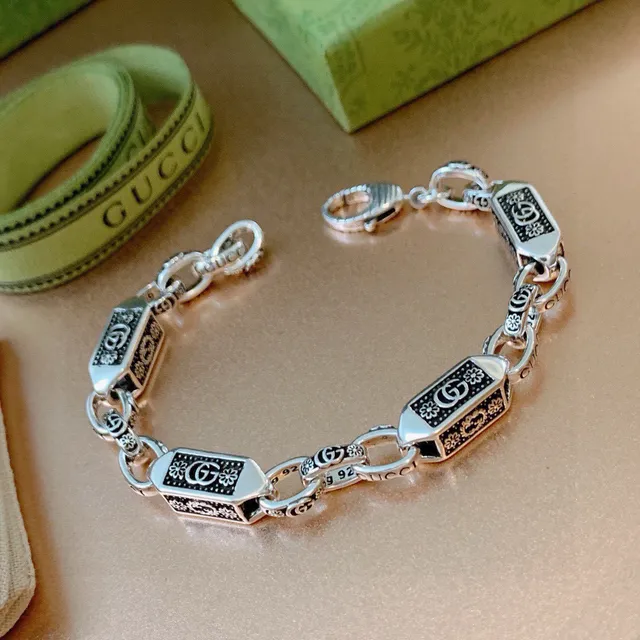 Gucci Silver Black Chain Rectangular Enamel Links Bracelet 6