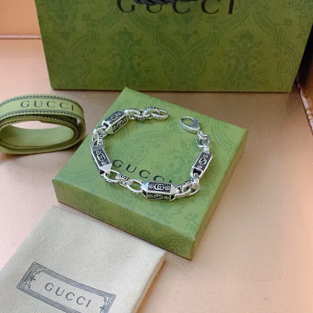 Gucci Silver Black Chain Rectangular Enamel Links Bracelet 7