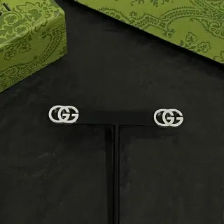 Gucci Silver Black Interlocking GG Logo Polished Metal Earrings