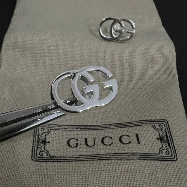 Gucci Silver Black Interlocking GG Logo Polished Metal Earrings 3