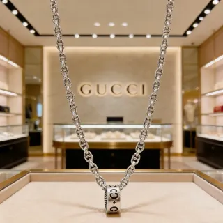 Gucci Silver Black Rope-Link Chain Cylindrical Pendant Necklace