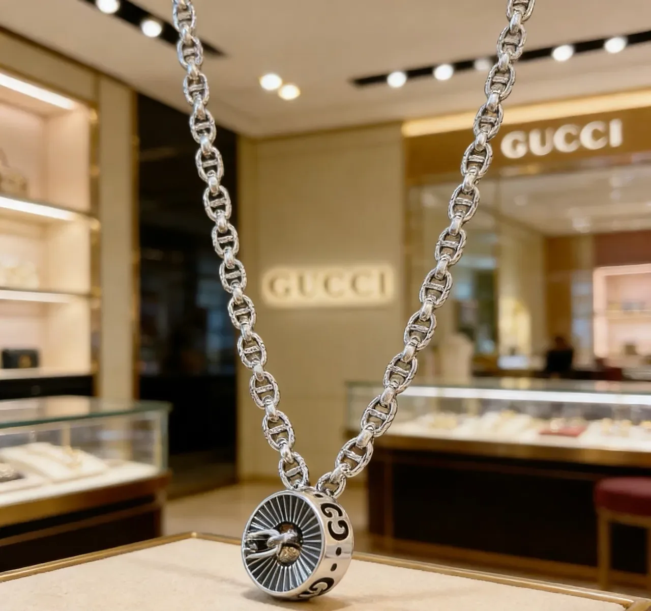 Gucci Silver Black Rope-Link Chain Cylindrical Pendant Necklace 9