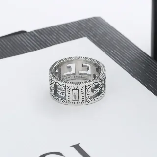 Gucci Silver Black Wide Band Engraved Geometric Pattern Ring