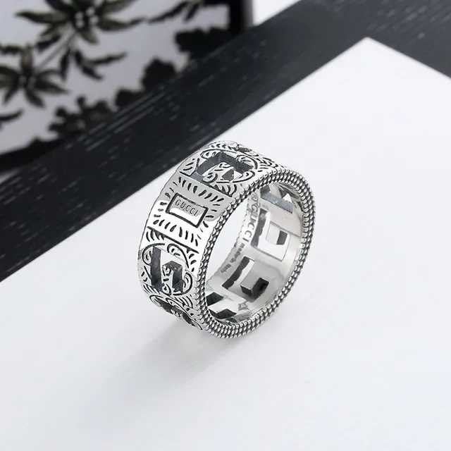 Gucci Silver Black Wide Band Engraved Geometric Pattern Ring 4