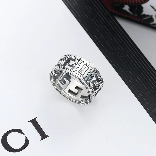Gucci Silver Black Wide Band Engraved Geometric Pattern Ring 5