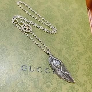 Gucci Silver Gold Feather-Shaped Pendant Oxidized Finish Necklace