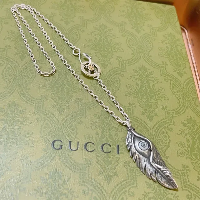 Gucci Silver Gold Feather-Shaped Pendant Oxidized Finish Necklace 2