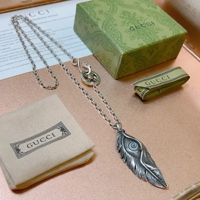 Gucci Silver Gold Feather-Shaped Pendant Oxidized Finish Necklace 5