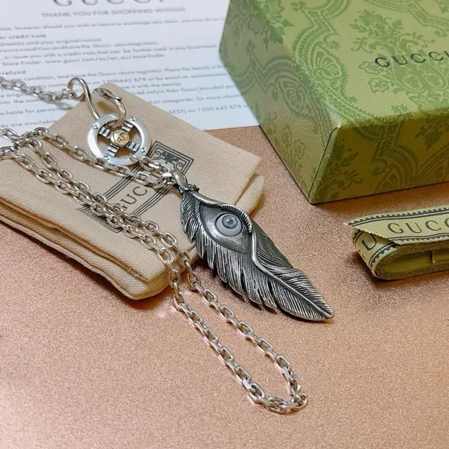 Gucci Silver Gold Feather-Shaped Pendant Oxidized Finish Necklace 9