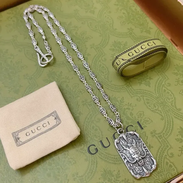 Gucci Silver Green Interlocking G Motif Chain Necklace 7