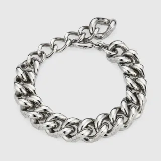 Gucci Pulseira Corrente Curb-Link Pesada Prateada Gravada Motivos Interlock G