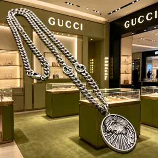 Gucci 银色互锁双G狮子徽章项链