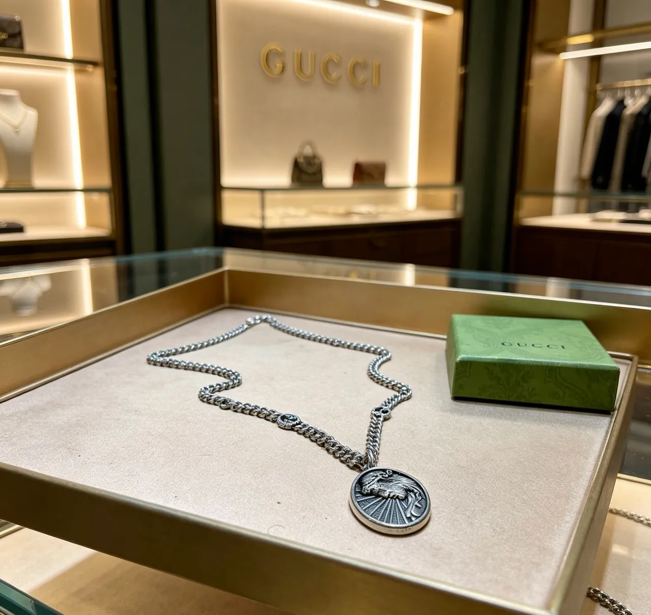 Gucci Silver Interlocking Double-G Lion Medallion Necklace 2