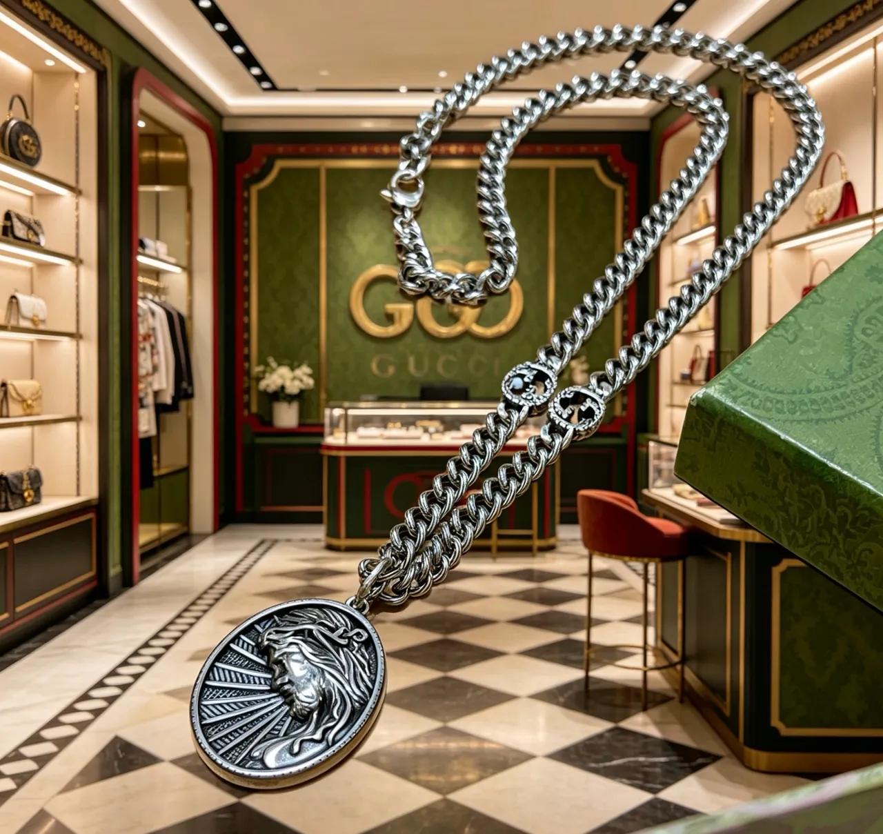 Gucci Silver Interlocking Double-G Lion Medallion Necklace 4