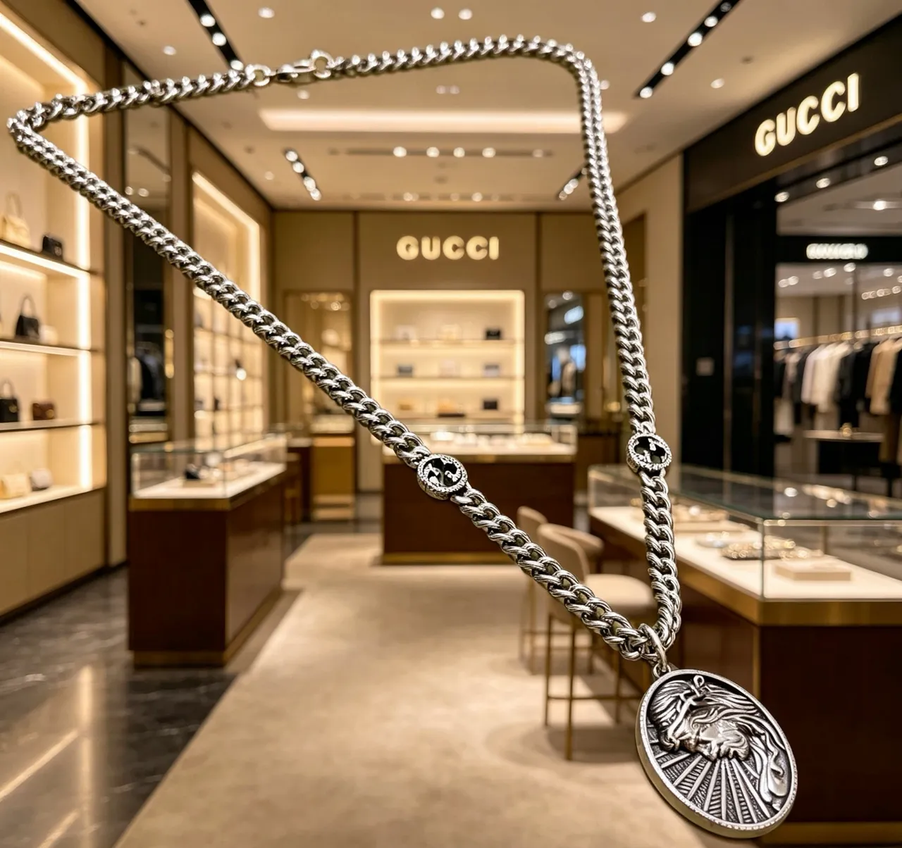 Gucci Silver Interlocking Double-G Lion Medallion Necklace 6