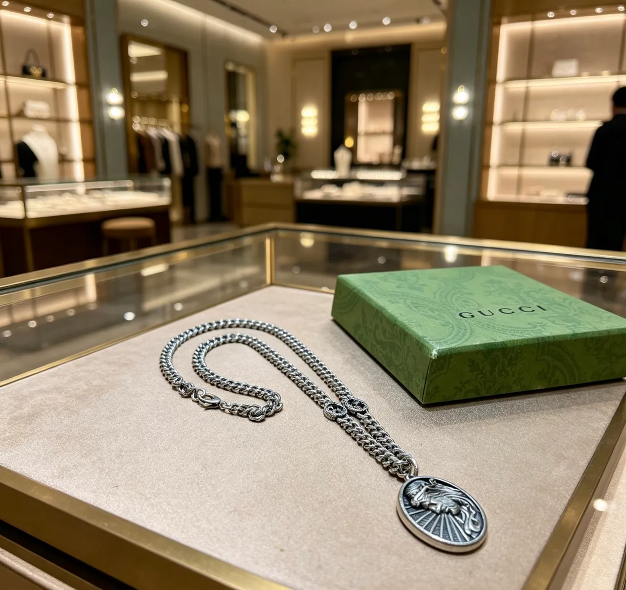 Gucci Silver Interlocking Double-G Lion Medallion Necklace 7