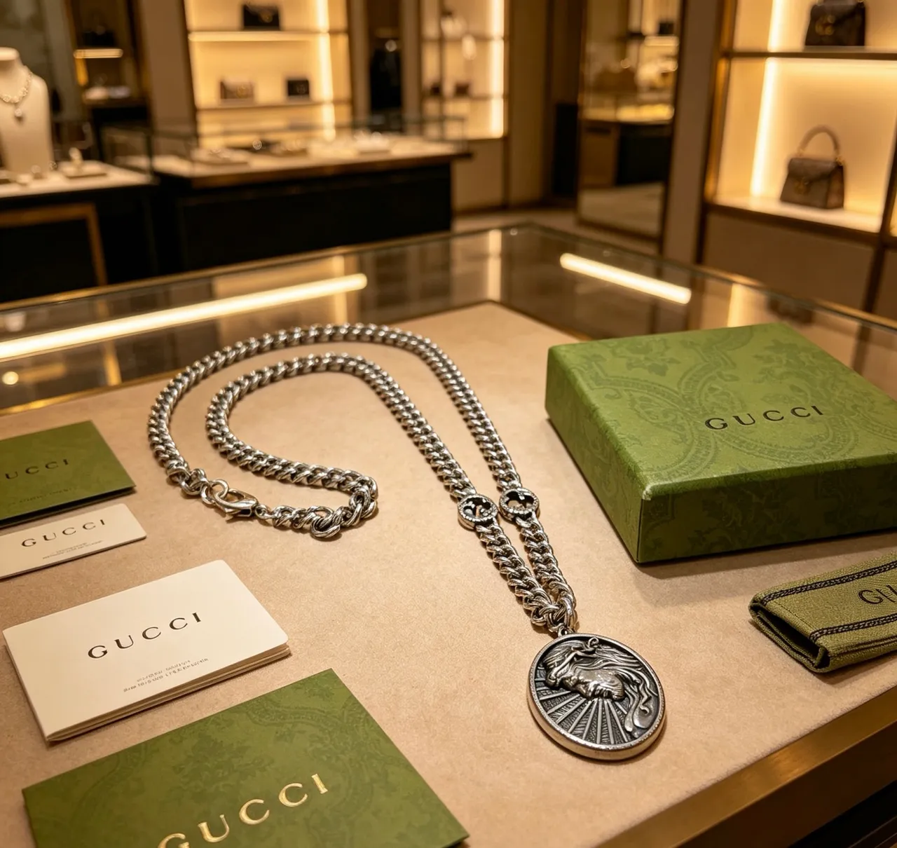 Gucci Silver Interlocking Double-G Lion Medallion Necklace 9