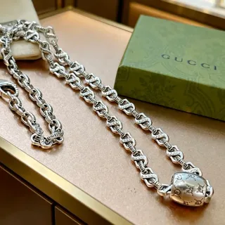Gucci Silver Interlocking G-Link Chain Engraved Branding Necklace