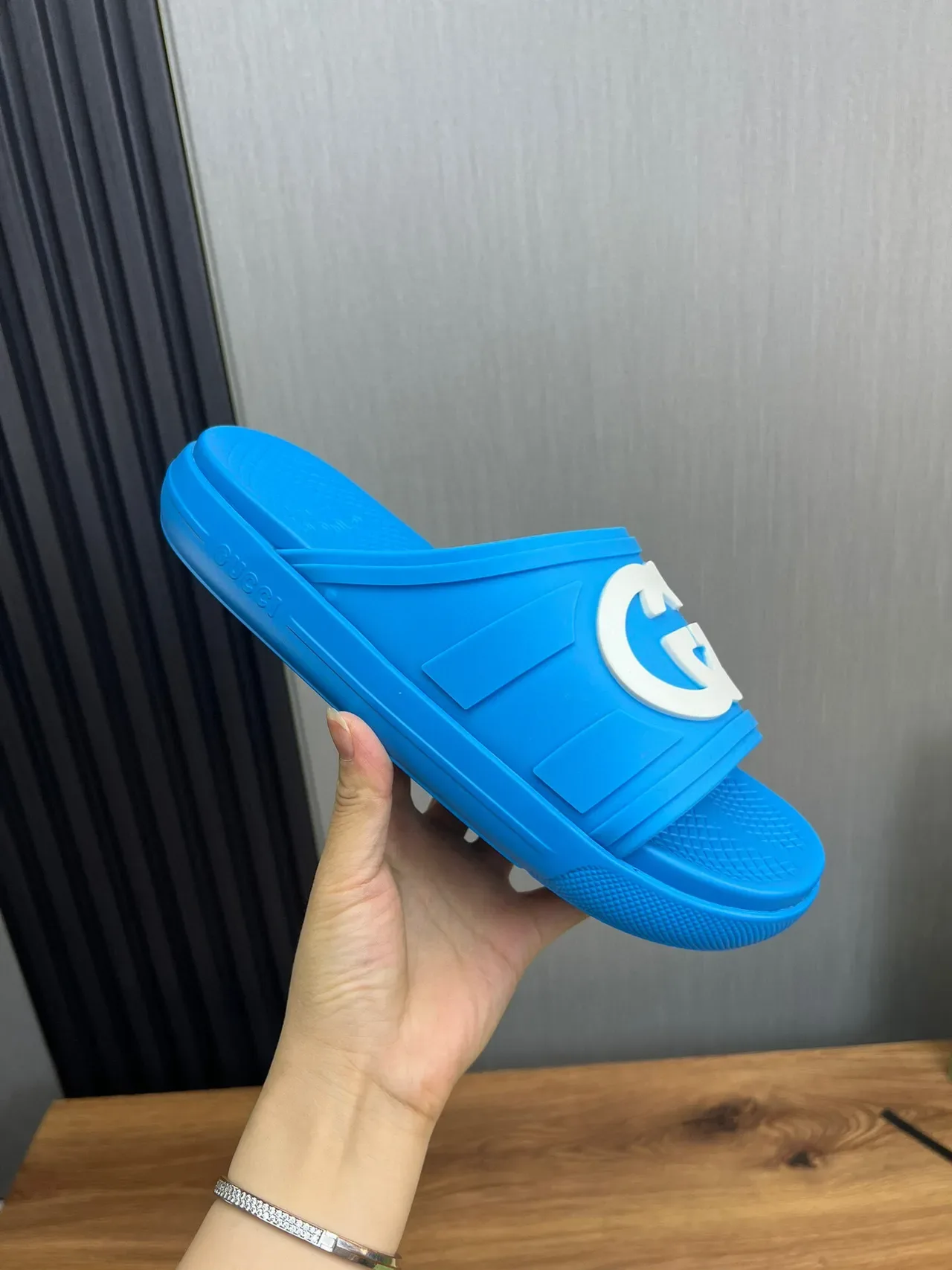 Gucci Slide Blue and White Logo Rubber Slipper 7