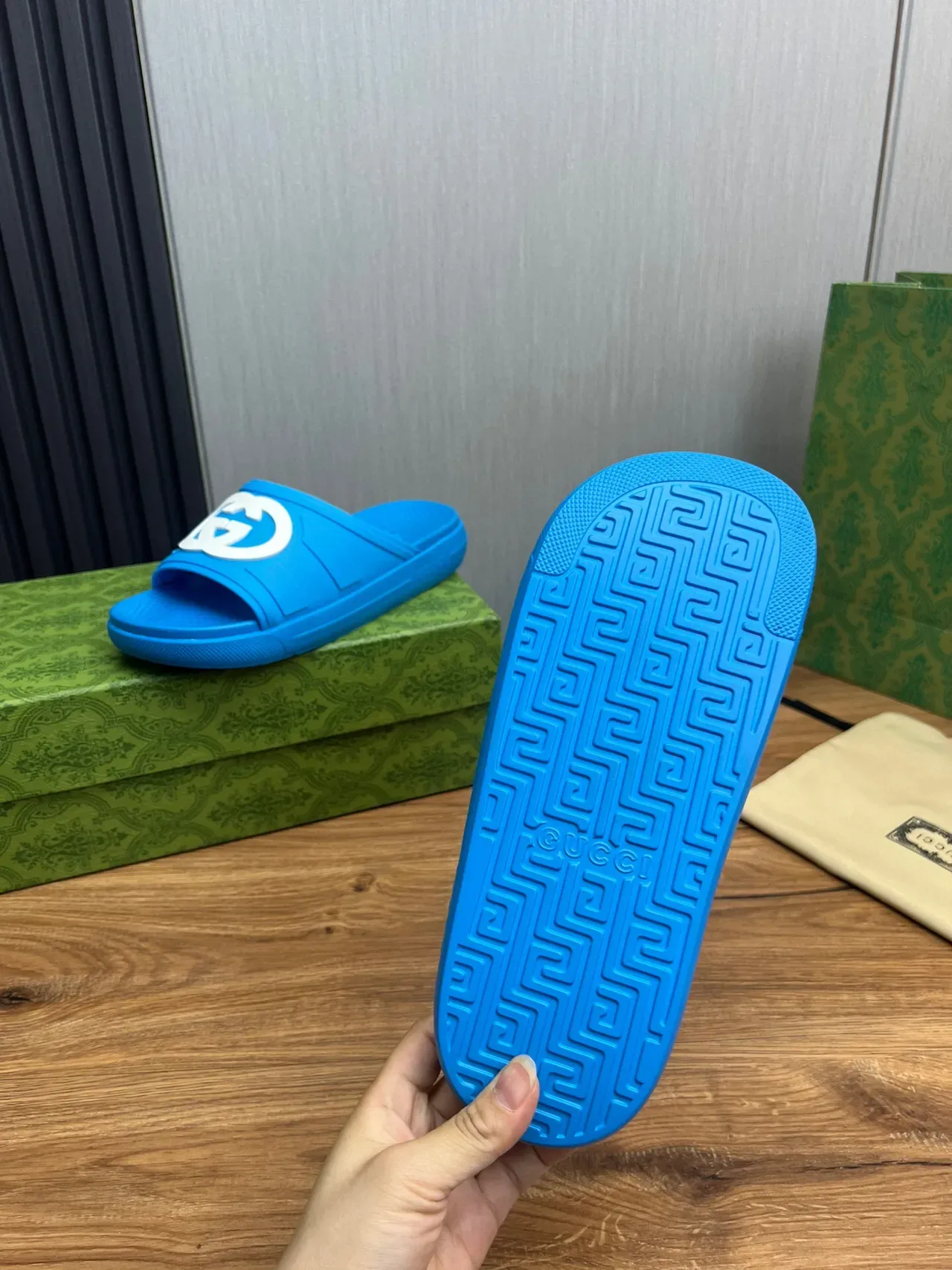 Gucci Slide Blue and White Logo Rubber Slipper 9