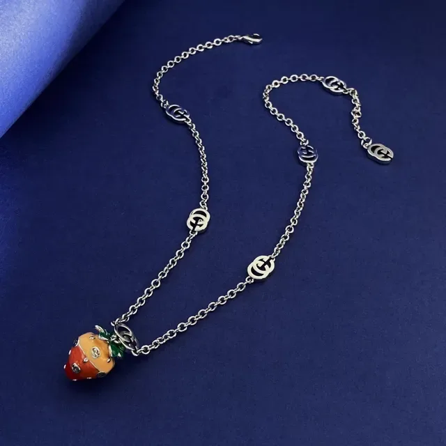 Gucci Strawberry Silver Multicolor Enamel Fruit Pendant Interlocking G Charms Necklace 1