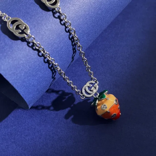 Gucci Strawberry Silver Multicolor Enamel Fruit Pendant Interlocking G Charms Necklace 3