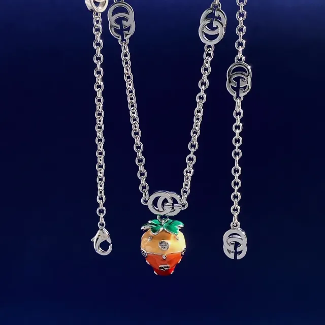 Gucci Strawberry Silver Multicolor Enamel Fruit Pendant Interlocking G Charms Necklace 8