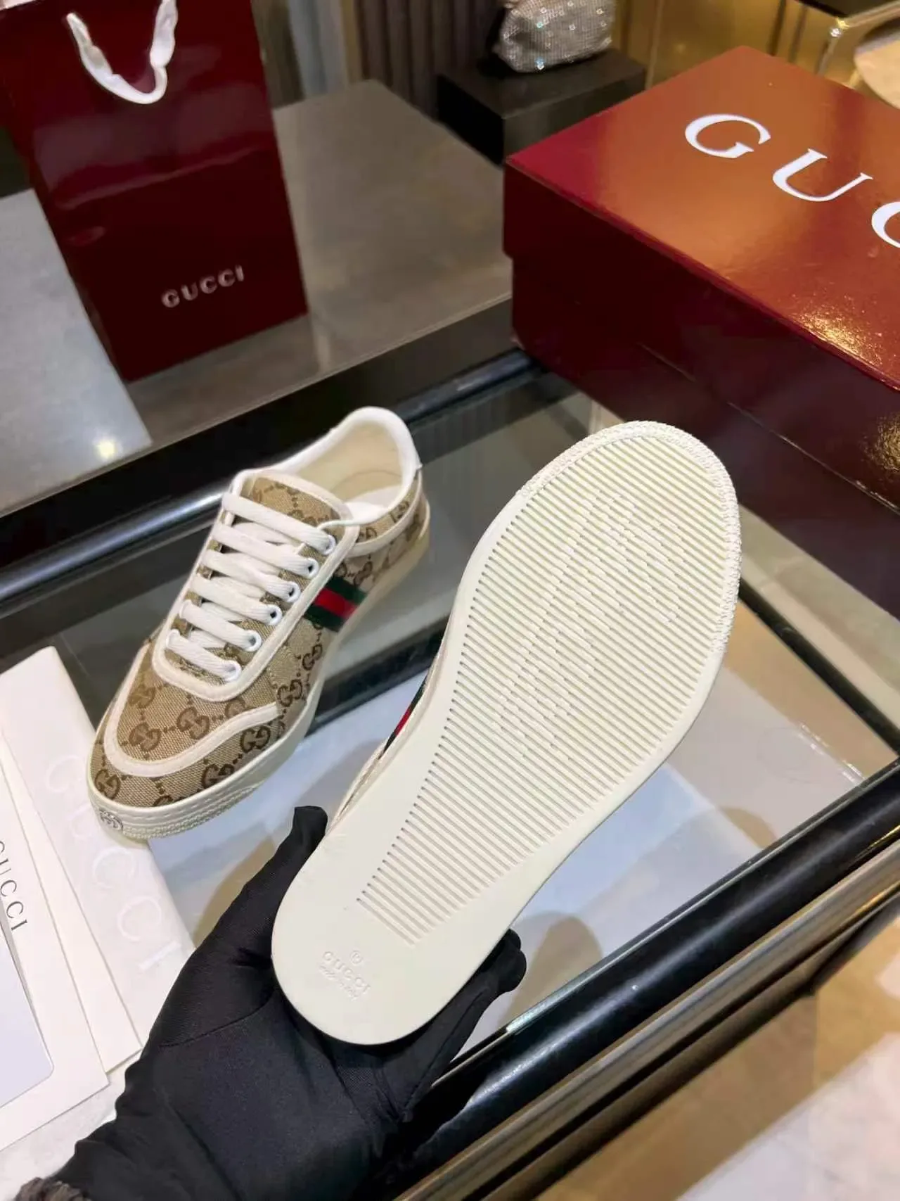 Gucci Tennis 1977 Beige Monogram Canvas Web Stripe Lifestyle Sneakers 11