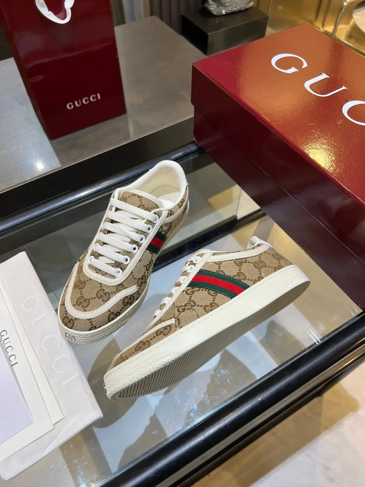Gucci Tennis 1977 Beige Monogram Canvas Web Stripe Lifestyle Sneakers 14