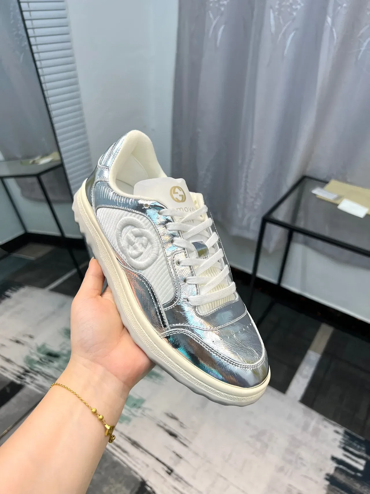 Gucci Tennis 1977 Metallic Silver and White Lifestyle Sneakers 7