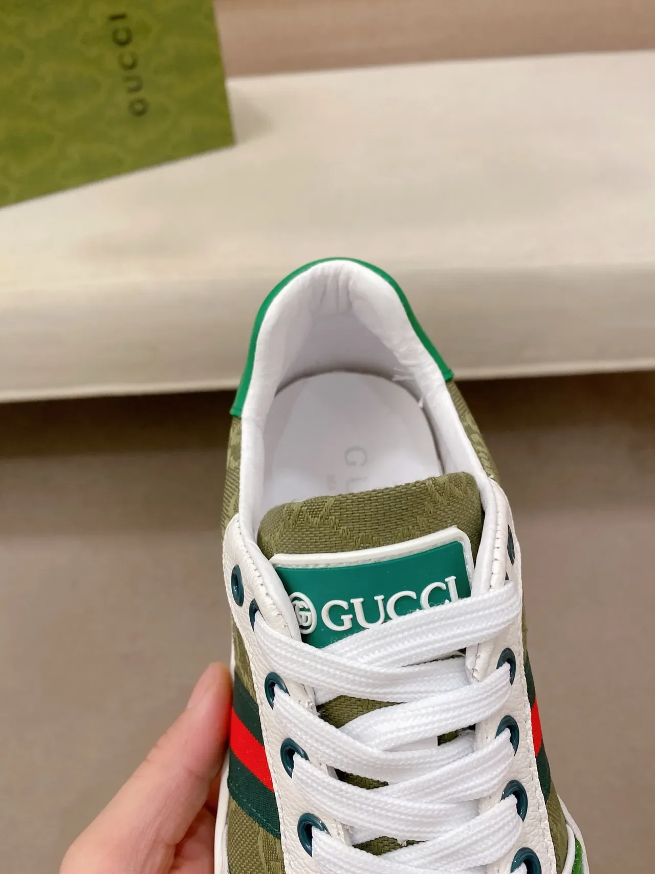 Gucci Tennis 1977 Olive Green and White Web Stripe Lifestyle Sneakers 3