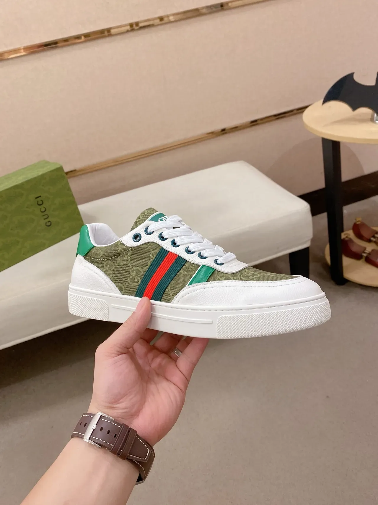 Gucci Tennis 1977 Olive Green and White Web Stripe Lifestyle Sneakers 4