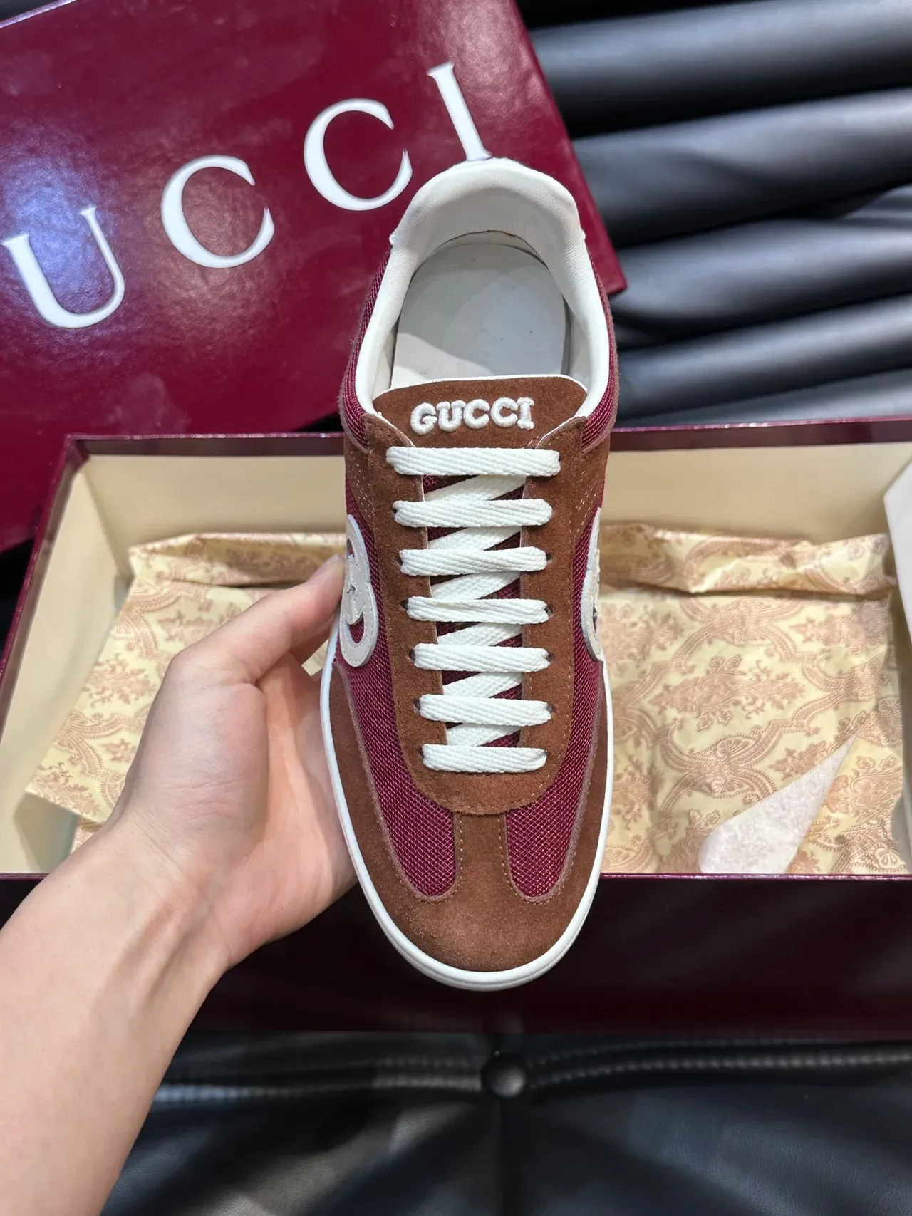 Gucci Tennis 1977 أحمر وبني سويدي شبك لايف ستايل سنيكرز 6