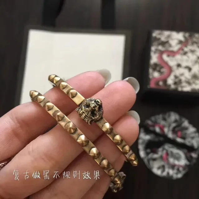 Gucci Tiger Head Bangle Gold Brown Spiked Band Clasp Bracelet 2