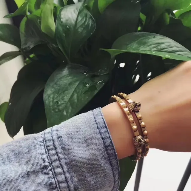 Gucci Tiger Head Bangle Gold Brown Spiked Band Clasp Bracelet 7