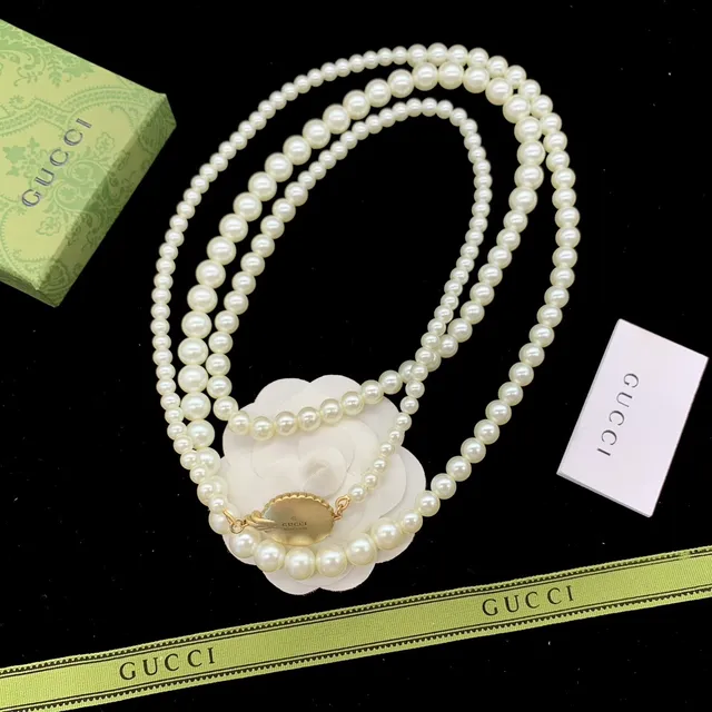 Gucci White Gold Multi-Strand Pearl Camellia Floral Motif Necklace 6