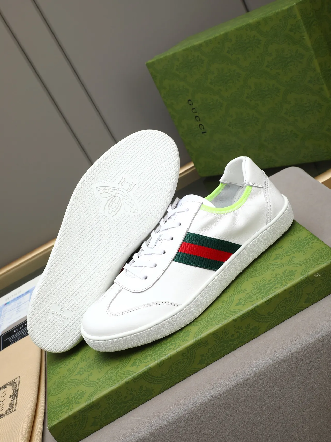 Gucci White Green Leather Upper Web Stripe Detail Lifestyle Sneakers 4