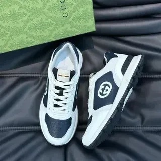 Gucci White Navy Low-Top Contrast-Panel Leather Lifestyle Sneakers